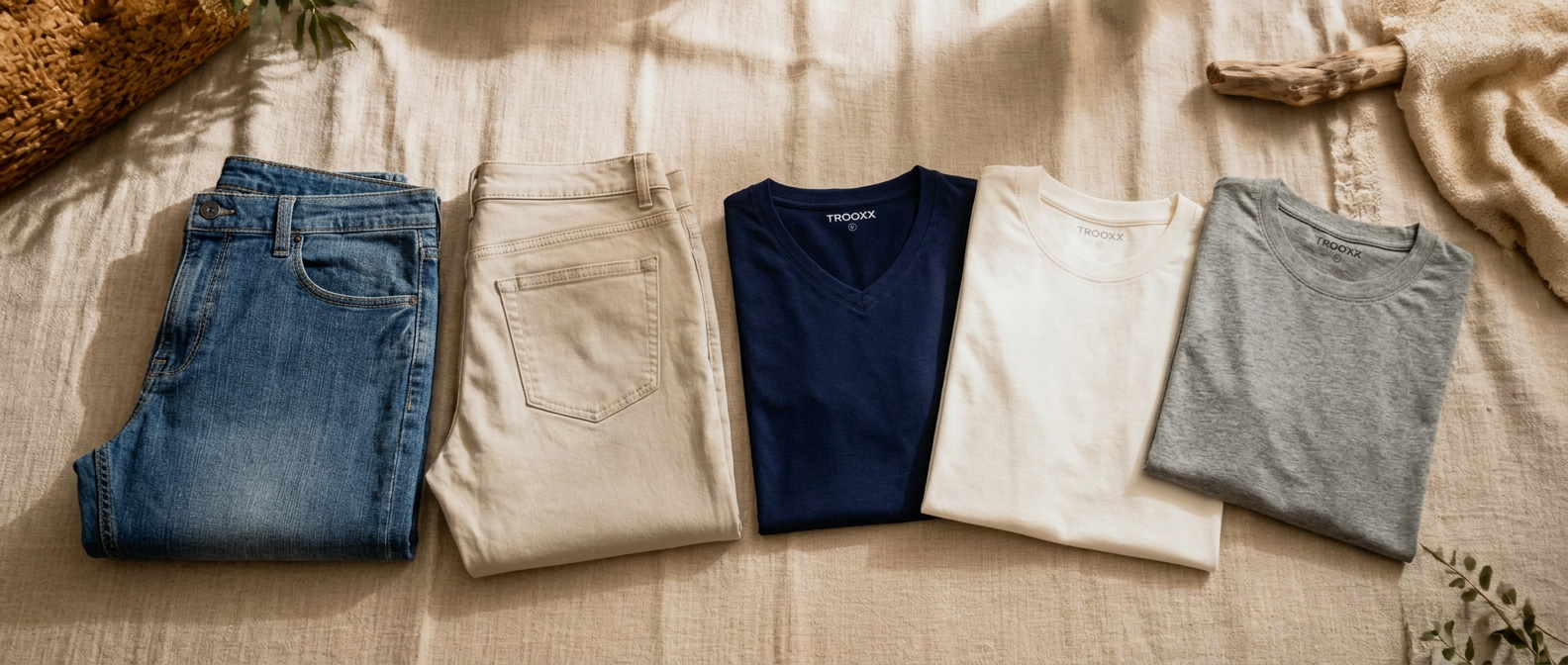 Maskovick Clinton jeans en twill broek naast Trooxx T-shirts in wit, marineblauw en grijs